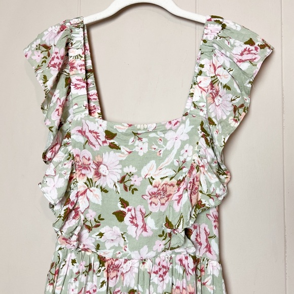 En Saison Maris Green Floral Midi Dress Medium tie back ruffle flowy retro sage - Picture 3 of 13